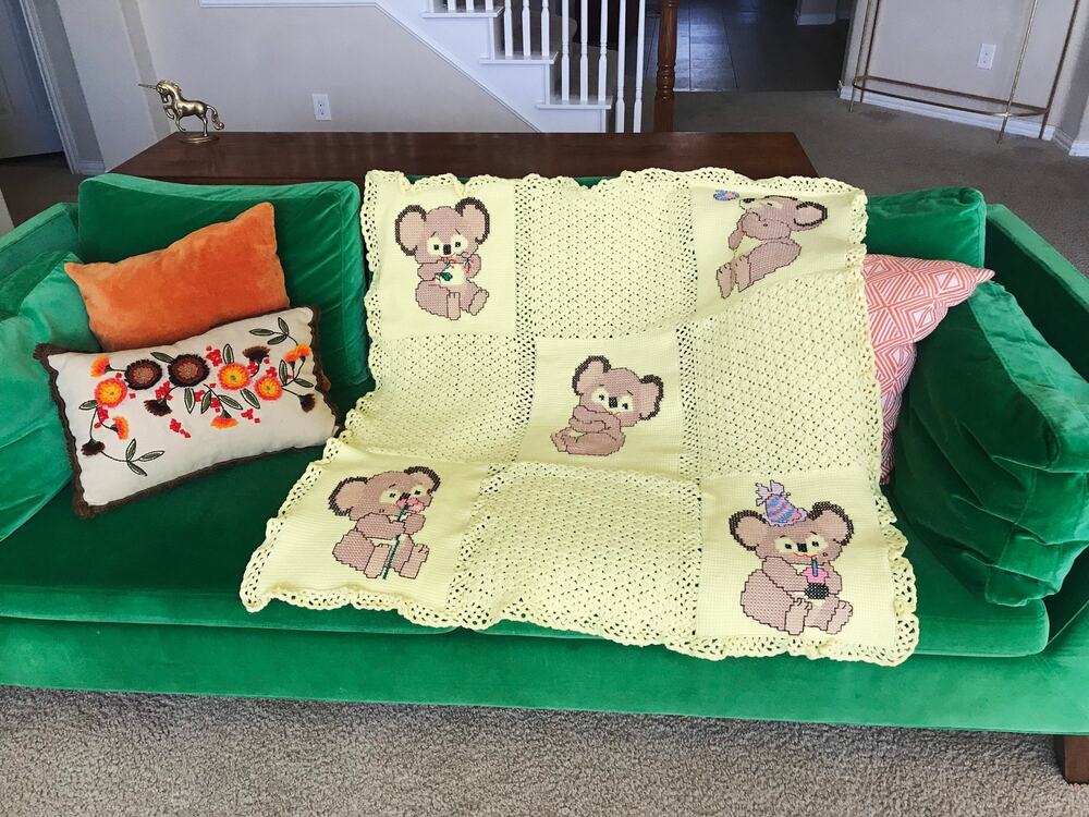 vintage 80s yellow KOALA Print crochet BABY BLANKET toddler blanket nursery